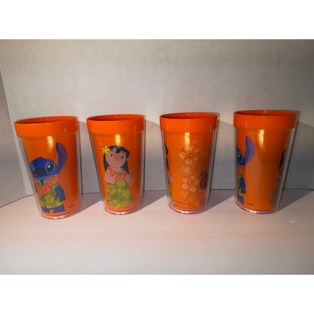 4 Disney Store Hula Luau Lilo & Stitch acrylic tumbler drinking cups orange